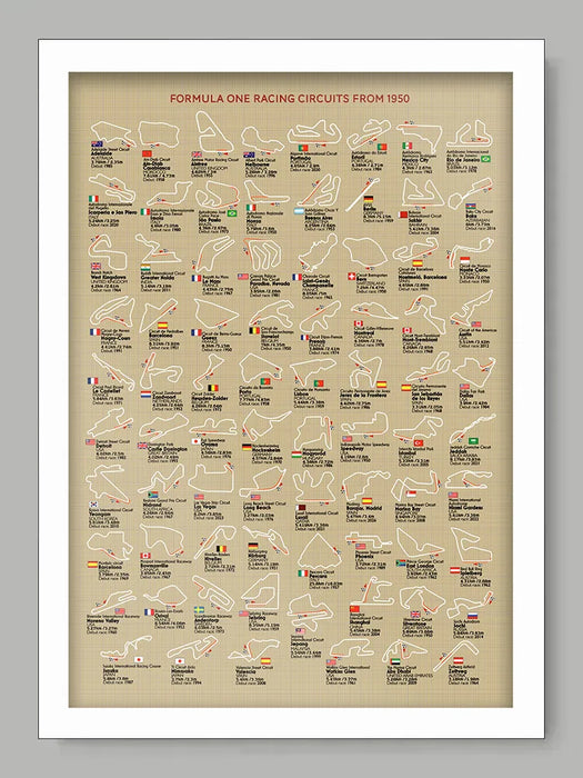 Formula One Racing Circuits - Poster Print is a record of every motor racing circuit used for the World Championships since 1950.