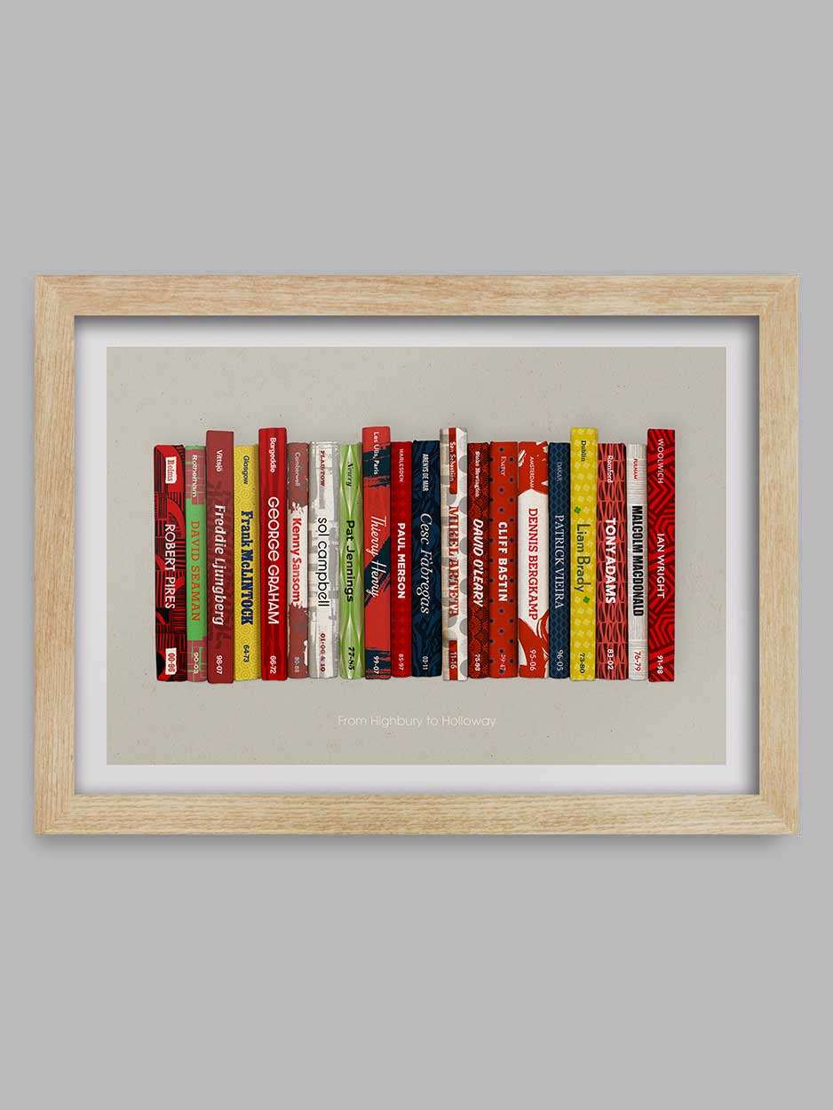 From Highbury to Holloway - Arsenal poster print celebrates some of the great names in the club's history. It features the years they played for the club. Styled on the classic mid-century penguin book designs. Shearer to Shackleton, Gazza and Ginola - because he's worth it.
