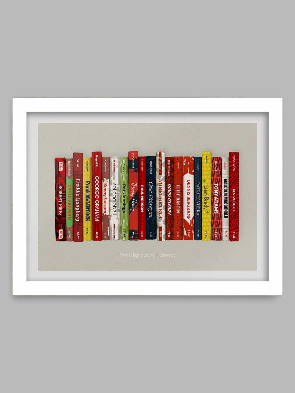 From Highbury to Holloway - Arsenal poster print celebrates some of the great names in the club's history. It features the years they played for the club. Styled on the classic mid-century penguin book designs. Shearer to Shackleton, Gazza and Ginola - because he's worth it.
