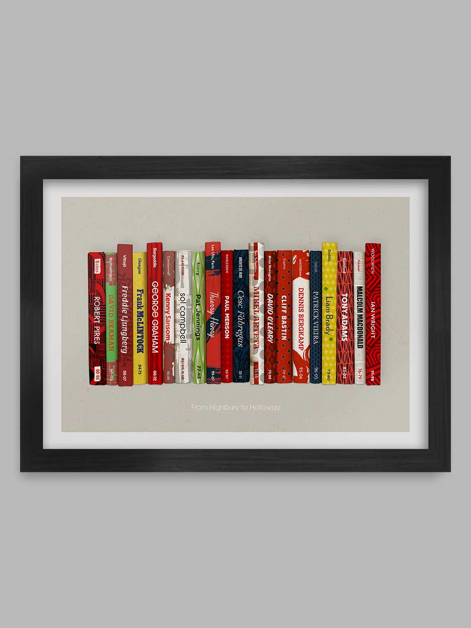 From Highbury to Holloway - Arsenal poster print celebrates some of the great names in the club's history. It features the years they played for the club. Styled on the classic mid-century penguin book designs. Shearer to Shackleton, Gazza and Ginola - because he's worth it.
