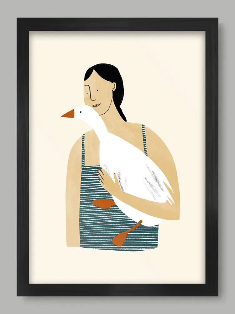 Illustration of a woman holding a duck with a black frame on a light gray background