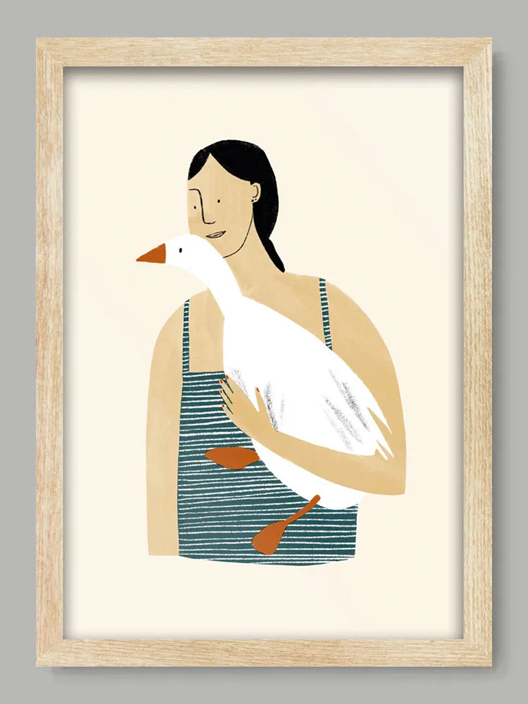 Framed illustration of a woman holding a duck on a gray background