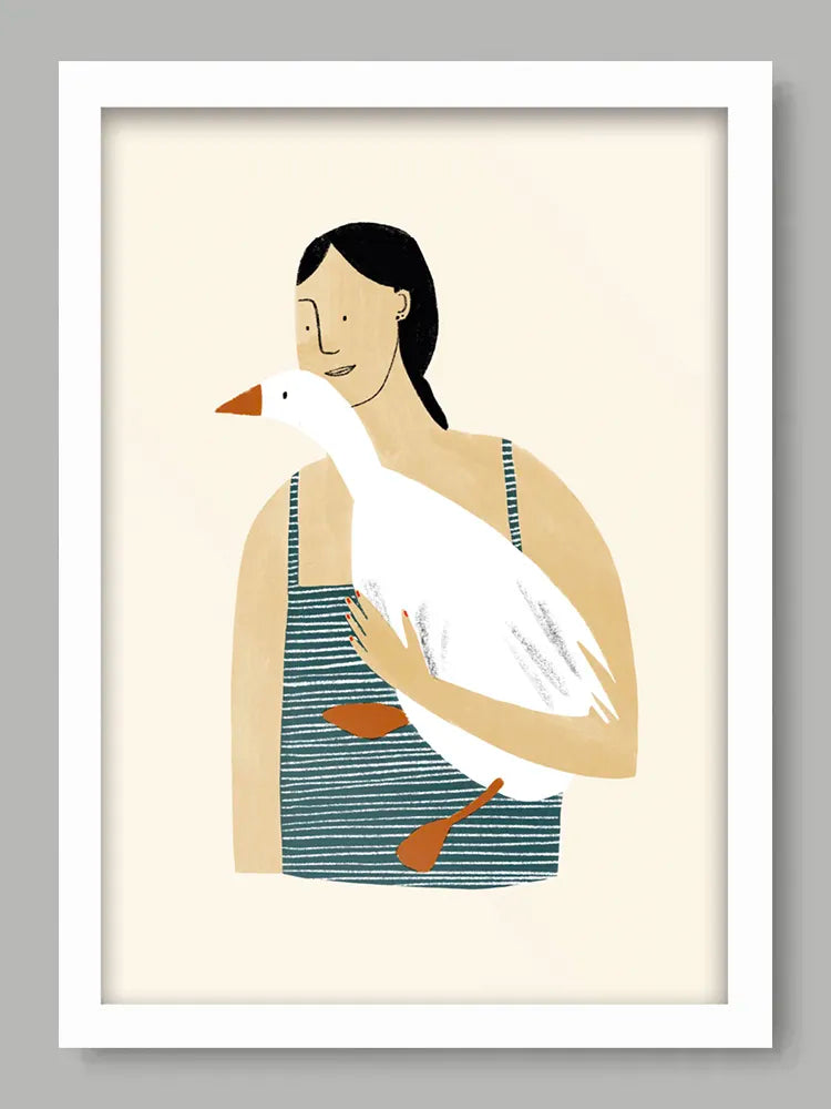 Illustration of a woman holding a white duck against a beige background