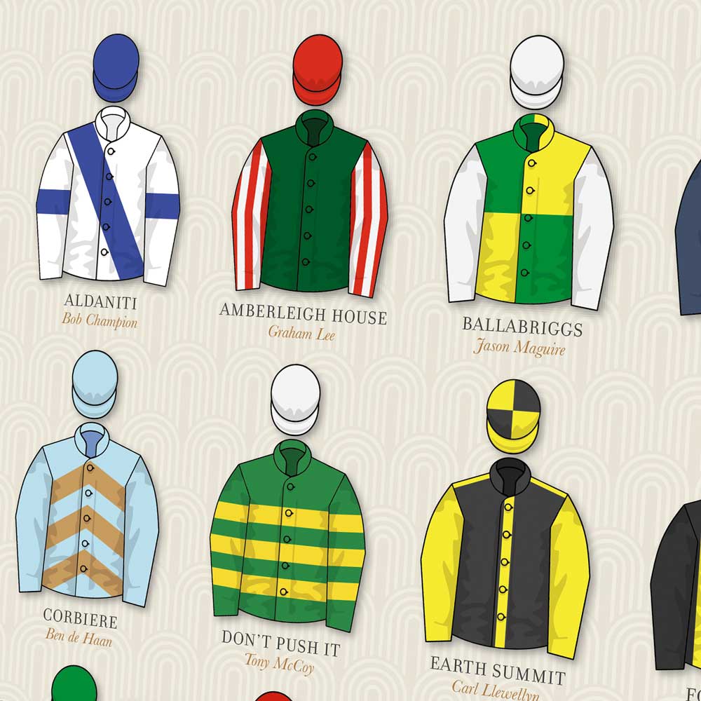 Grand National winners poster print with owner's racing silks. Aldaniti, Don't Push It