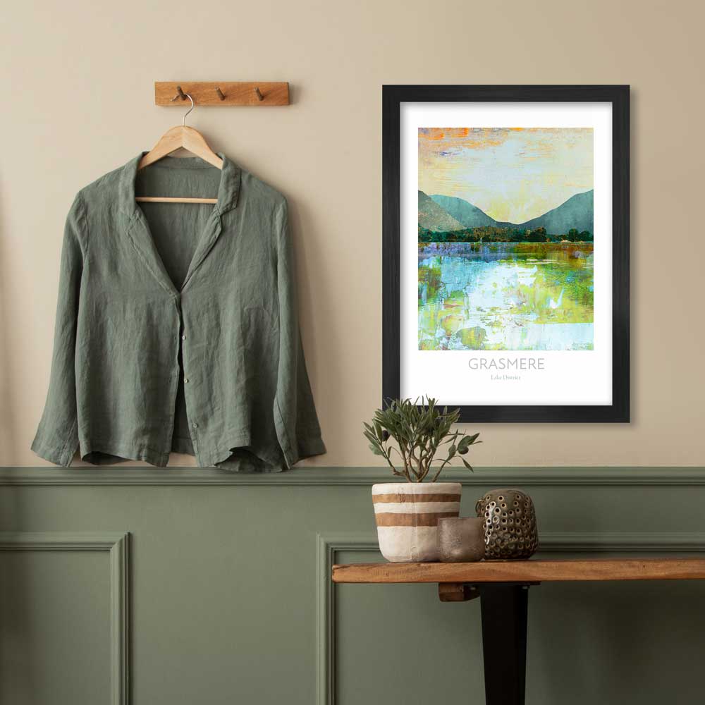 Grasmere Reflections - Lake District Poster Print. The water looking toward the village and Helm Crag