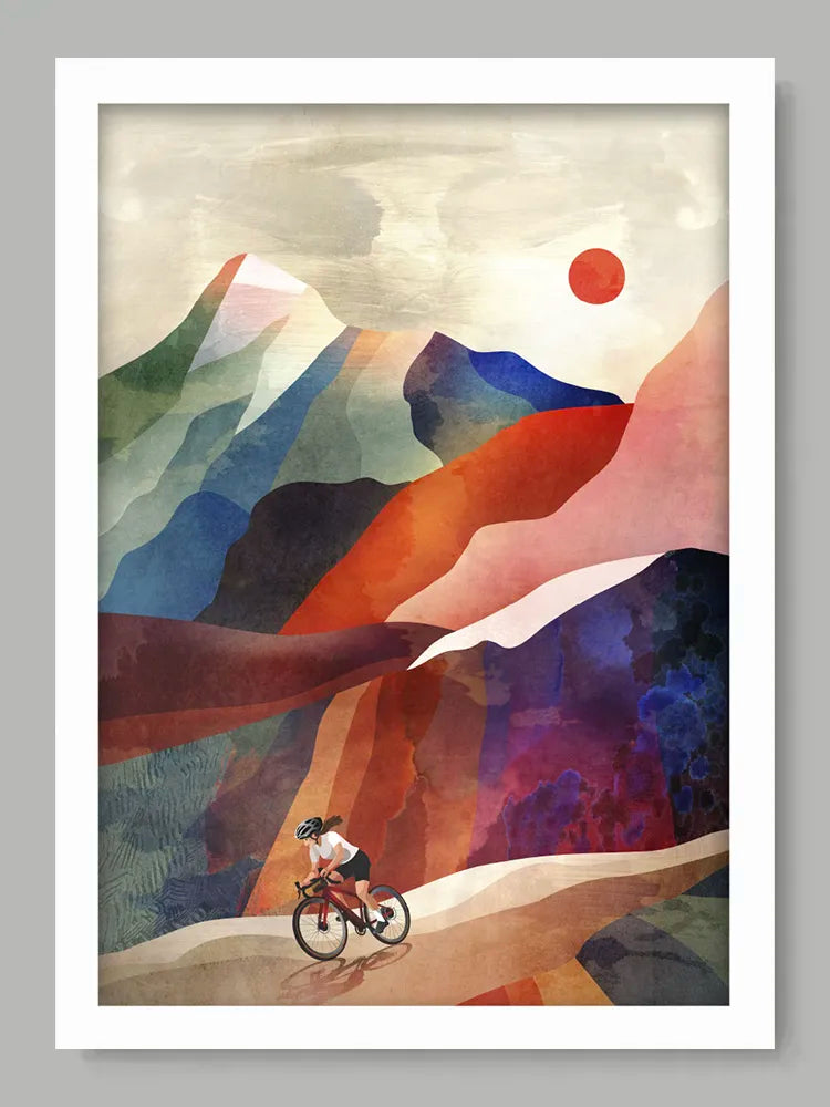 Artistic depiction of a cyclist on a mountain path with colorful mountains and a sun in the background.