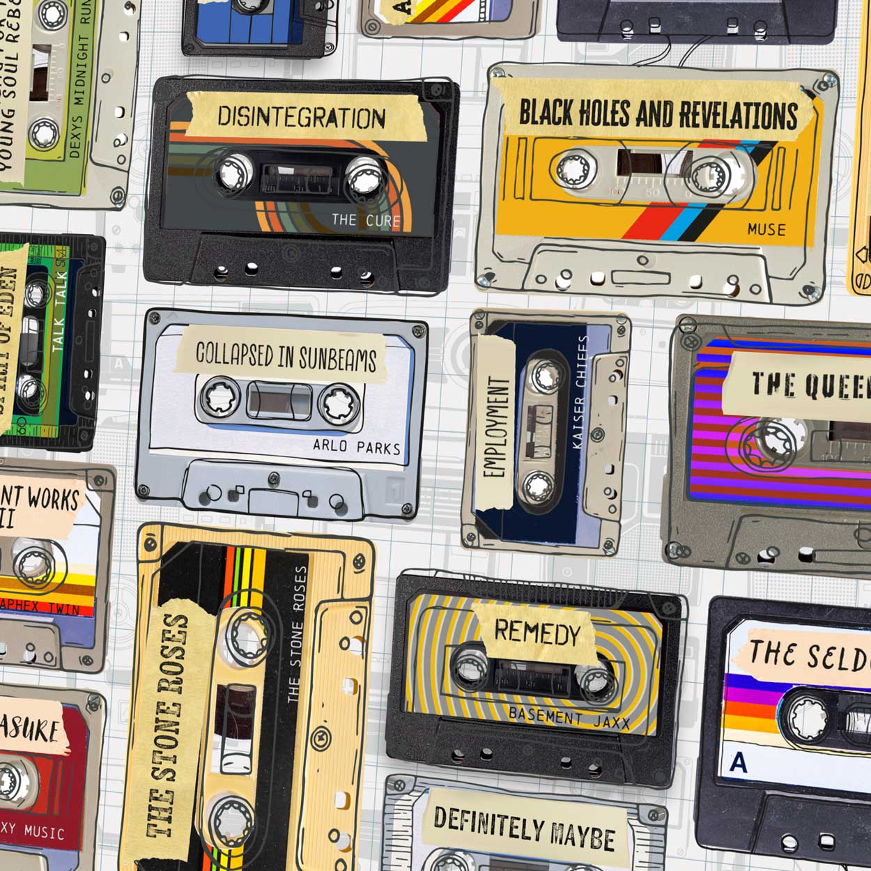 Great British Albums - Music Poster Print. A cassette style poster paying homage to some great British albums throughout history. 