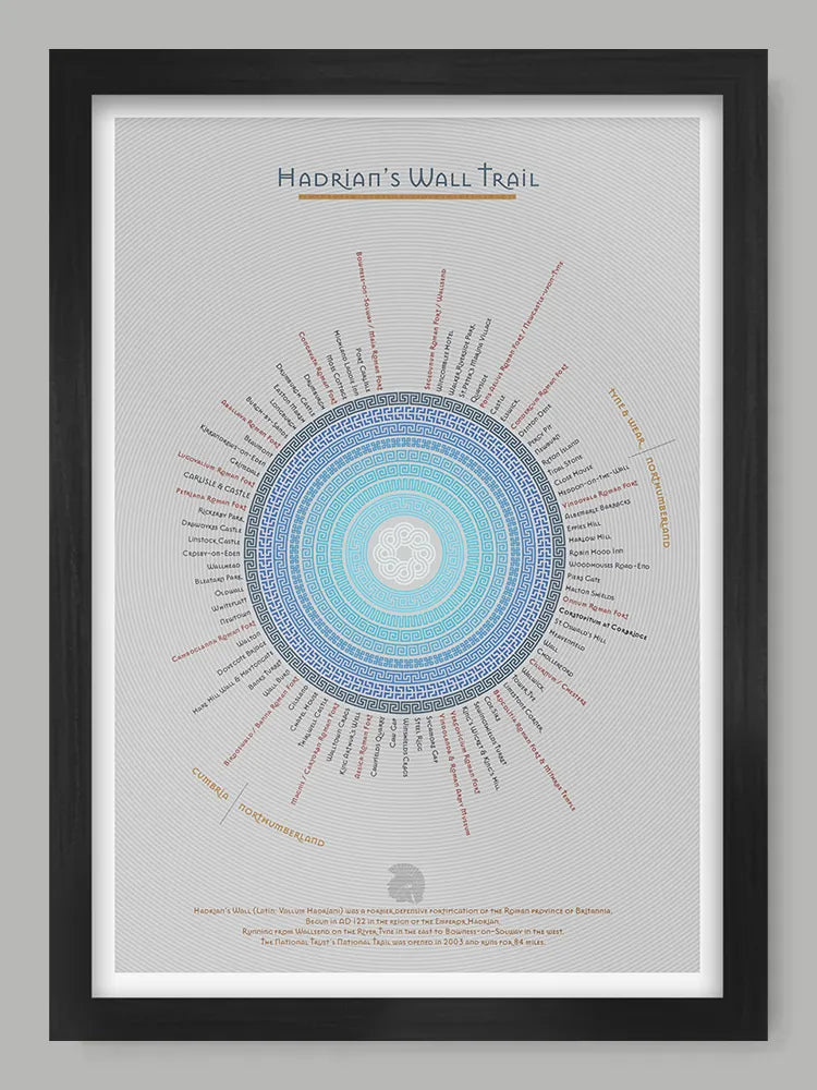 Hadrian's Wall Trail - Light Grey Version Poster Print. An infographic rendering of the Hadrian's Wall Trail, running 84 miles from coast to coast in the North of England. Each section and landmark records and approximate mie of the trail. Built in AD 122.