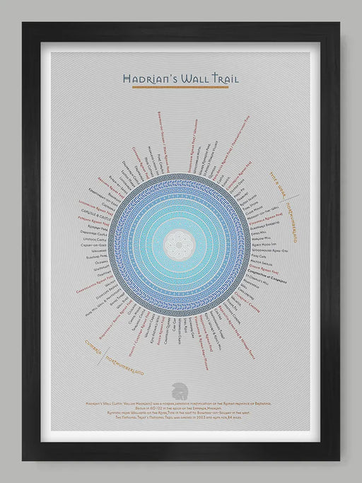 Hadrian's Wall Trail - Light Grey Version Poster Print. An infographic rendering of the Hadrian's Wall Trail, running 84 miles from coast to coast in the North of England. Each section and landmark records and approximate mie of the trail. Built in AD 122.