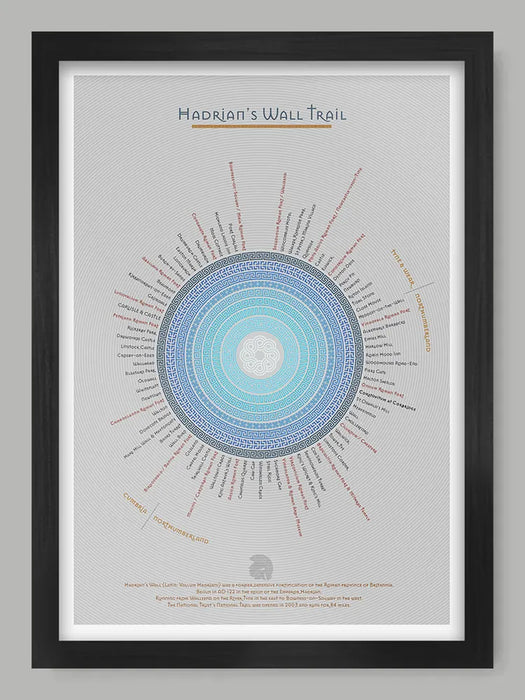 Hadrian's Wall Trail - Light Grey Version Poster Print. An infographic rendering of the Hadrian's Wall Trail, running 84 miles from coast to coast in the North of England. Each section and landmark records and approximate mie of the trail. Built in AD 122.