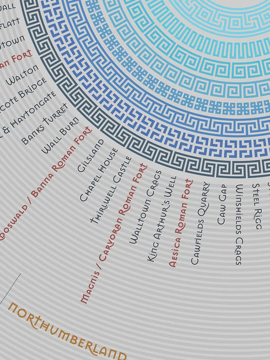 Hadrian's Wall Trail - Light Grey Version Poster Print. An infographic rendering of the Hadrian's Wall Trail, running 84 miles from coast to coast in the North of England. Each section and landmark records and approximate mie of the trail. Built in AD 122.