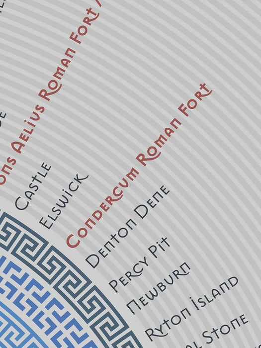 Hadrian's Wall Trail - Light Grey Version Poster Print. An infographic rendering of the Hadrian's Wall Trail, running 84 miles from coast to coast in the North of England. Each section and landmark records and approximate mie of the trail. Built in AD 122.