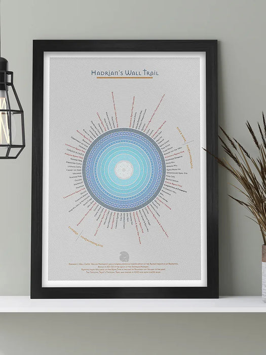 Hadrian's Wall Trail - Light Grey Version Poster Print. An infographic rendering of the Hadrian's Wall Trail, running 84 miles from coast to coast in the North of England. Each section and landmark records and approximate mie of the trail. Built in AD 122.