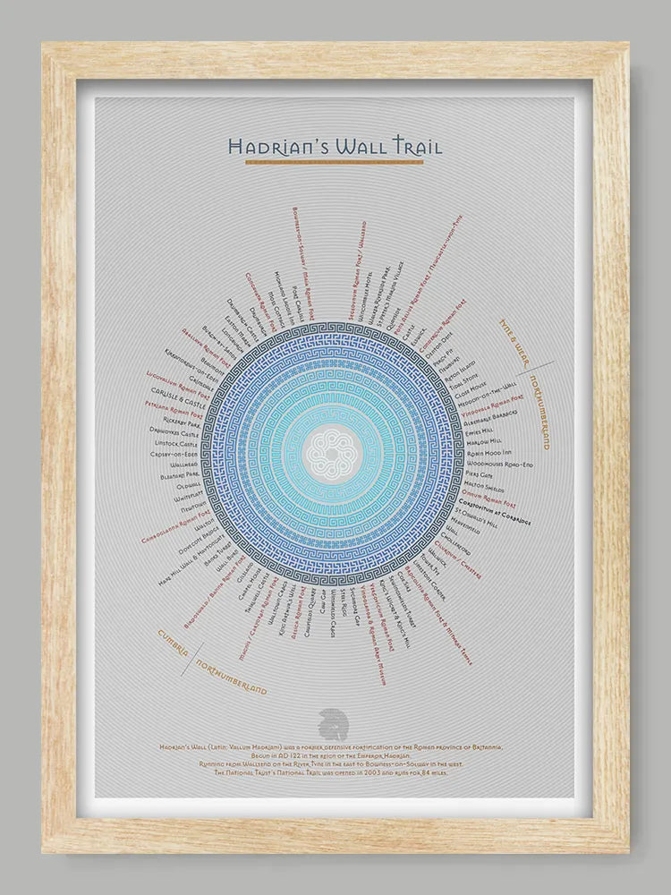 Hadrian's Wall Trail - Light Grey Version Poster Print. An infographic rendering of the Hadrian's Wall Trail, running 84 miles from coast to coast in the North of England. Each section and landmark records and approximate mie of the trail. Built in AD 122.