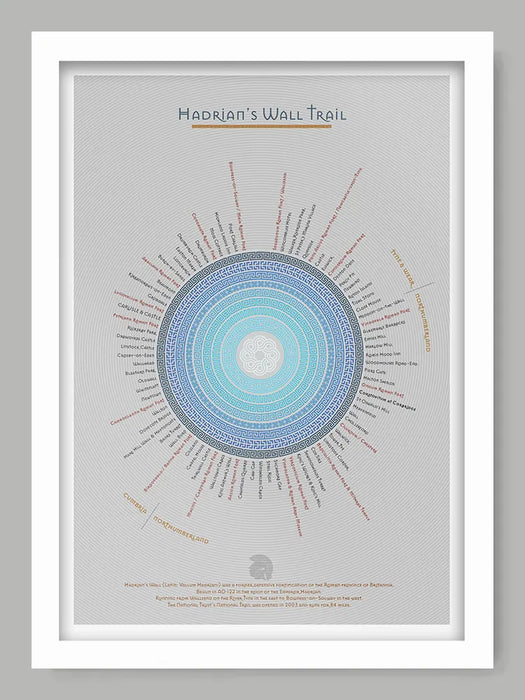 Hadrian's Wall Trail - Light Grey Version Poster Print. An infographic rendering of the Hadrian's Wall Trail, running 84 miles from coast to coast in the North of England. Each section and landmark records and approximate mie of the trail. Built in AD 122.