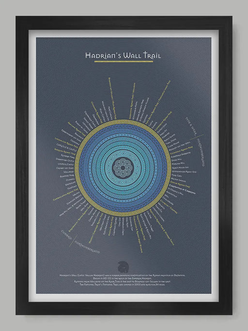 Hadrian's Wall Trail - Blue Version Poster Print - Poster Print. An infographic rendering of the Hadrian's Wall Trail, running 84 miles from coast to coast in the North of England. Each section and landmark records and approximate mie of the trail. Built in AD 122.

