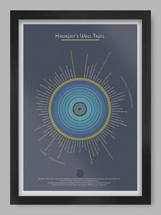 Hadrian's Wall Trail - Blue Version Poster Print - Poster Print. An infographic rendering of the Hadrian's Wall Trail, running 84 miles from coast to coast in the North of England. Each section and landmark records and approximate mie of the trail. Built in AD 122.
