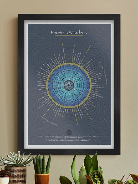 Hadrian's Wall Trail - Blue Version Poster Print - Poster Print. An infographic rendering of the Hadrian's Wall Trail, running 84 miles from coast to coast in the North of England. Each section and landmark records and approximate mie of the trail. Built in AD 122.