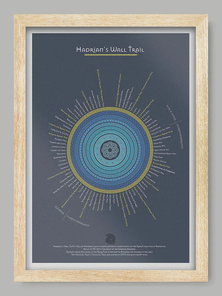 Hadrian's Wall Trail - Blue Version Poster Print - Poster Print. An infographic rendering of the Hadrian's Wall Trail, running 84 miles from coast to coast in the North of England. Each section and landmark records and approximate mie of the trail. Built in AD 122.