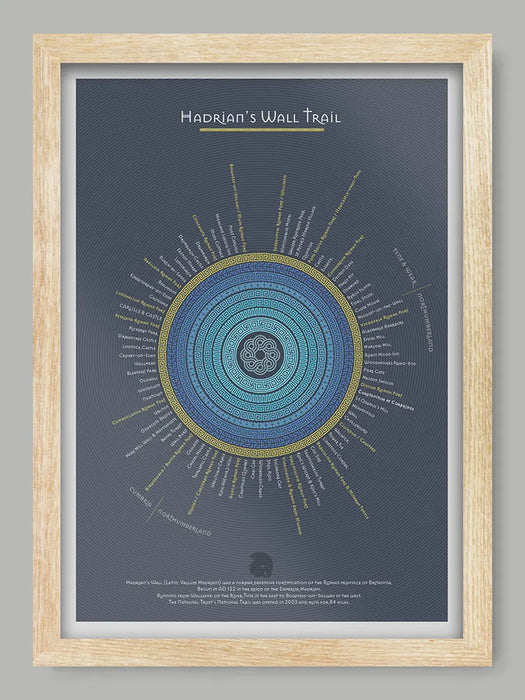 Hadrian's Wall Trail - Blue Version Poster Print - Poster Print. An infographic rendering of the Hadrian's Wall Trail, running 84 miles from coast to coast in the North of England. Each section and landmark records and approximate mie of the trail. Built in AD 122.
