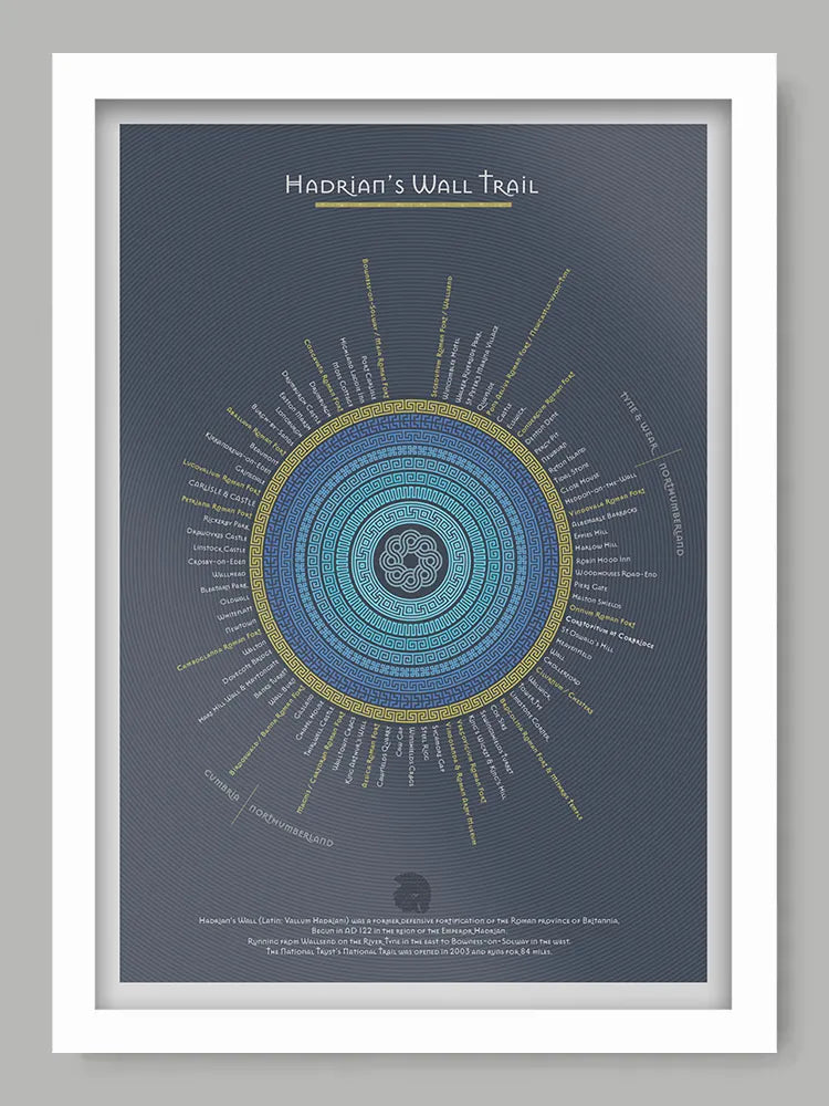 Hadrian's Wall Trail - Blue Version Poster Print - Poster Print. An infographic rendering of the Hadrian's Wall Trail, running 84 miles from coast to coast in the North of England. Each section and landmark records and approximate mie of the trail. Built in AD 122.
