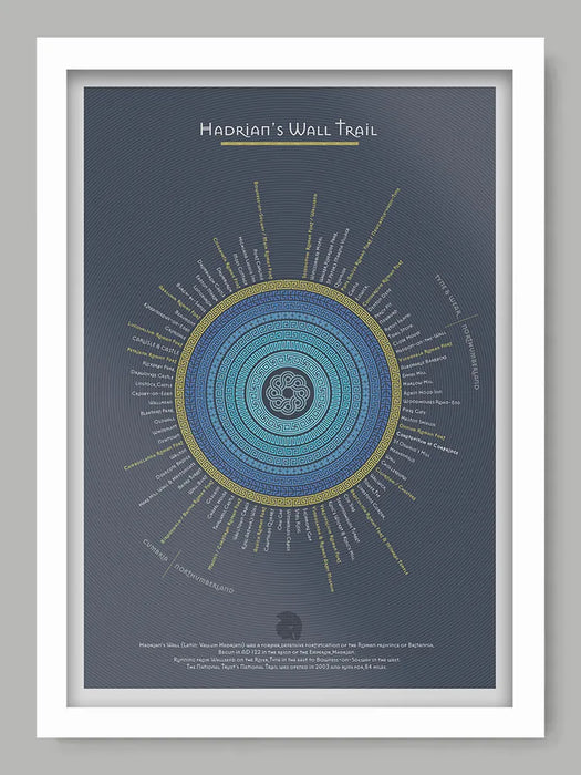 Hadrian's Wall Trail - Blue Version Poster Print - Poster Print. An infographic rendering of the Hadrian's Wall Trail, running 84 miles from coast to coast in the North of England. Each section and landmark records and approximate mie of the trail. Built in AD 122.

