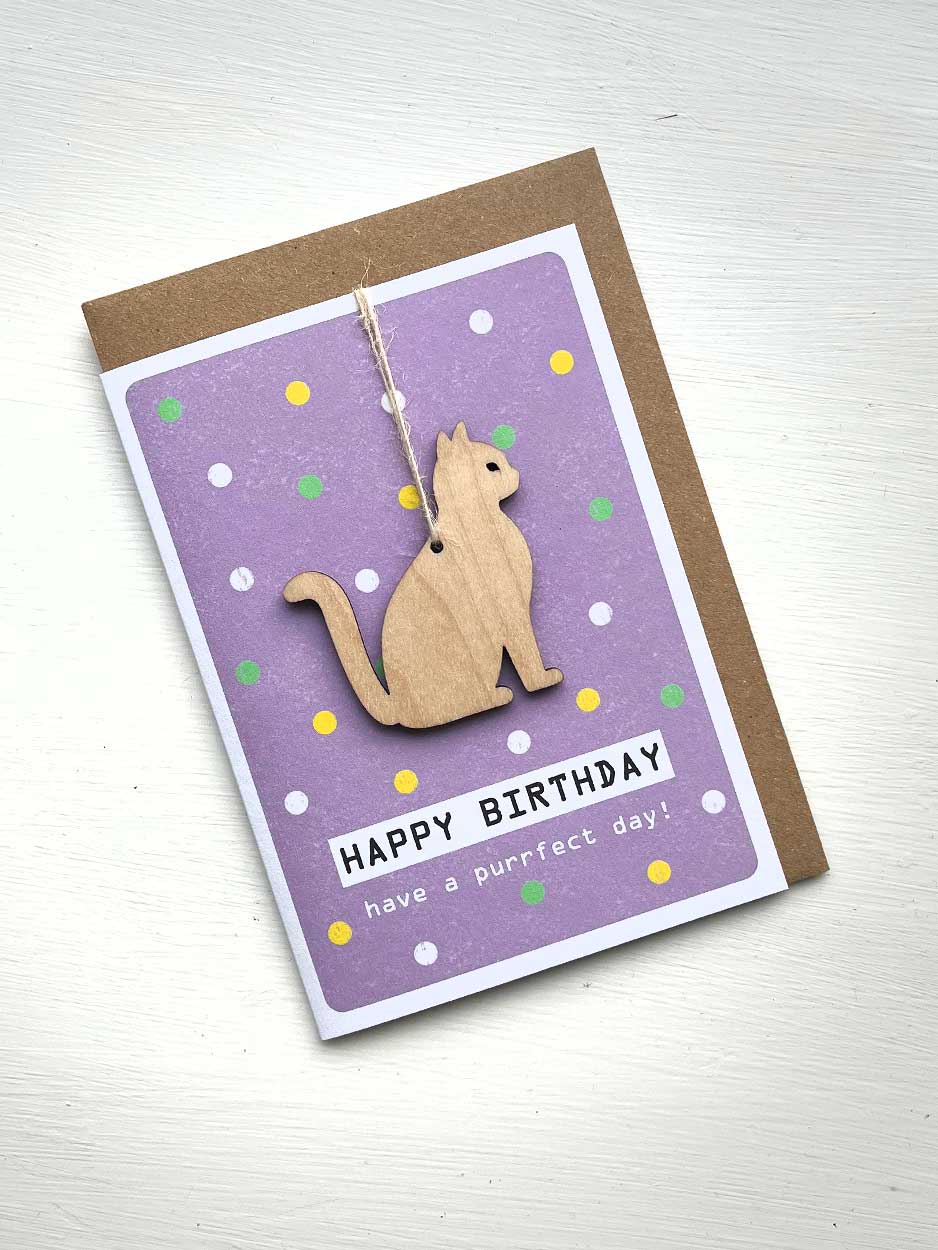 Have a Purrfect Birthday - Cat Card With Wooden Decoration card Daisy Cat 