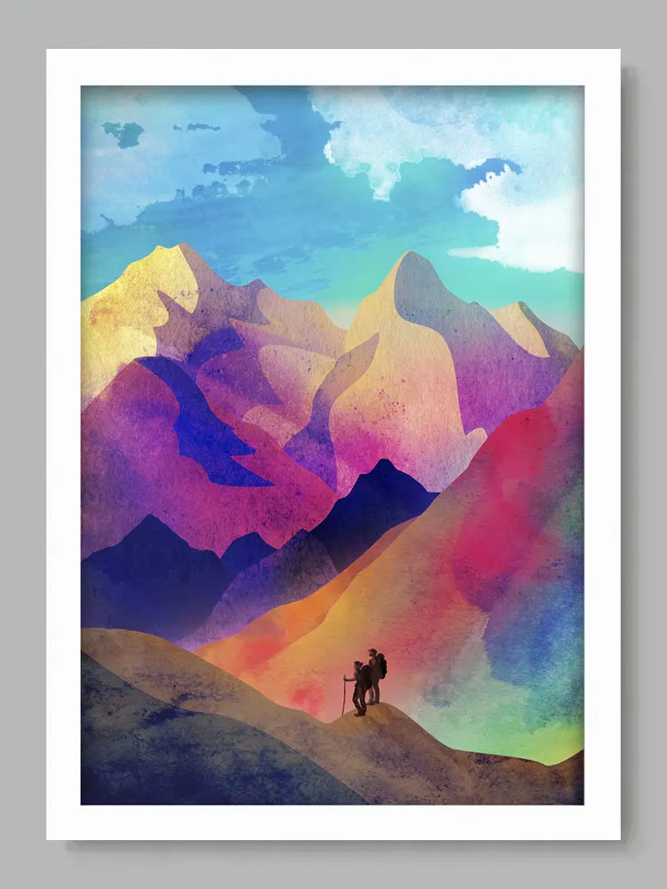 Colorful mountain landscape with a silhouette of a person on a hill, framed against a gray background.