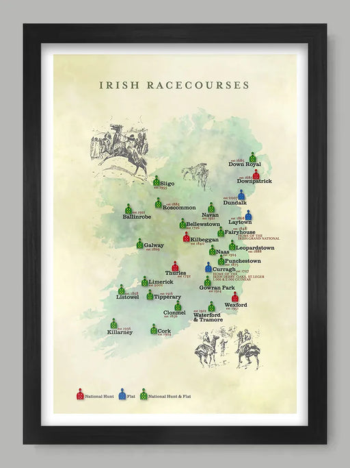 Irish Racecourses - Poster Print records the location of racecourses across the island. Irish Horse Racing.
