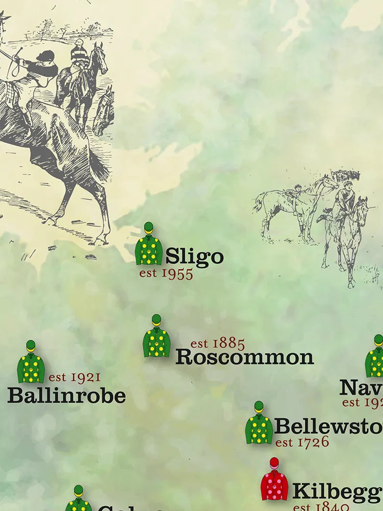 Irish Racecourses - Poster Print records the location of racecourses across the island. Irish Horse Racing.
