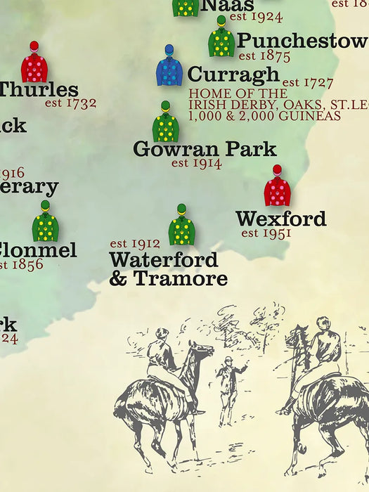 Irish Racecourses - Poster Print records the location of racecourses across the island. Irish Horse Racing.