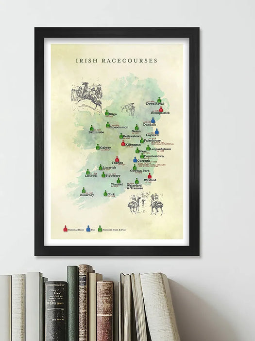 Irish Racecourses - Poster Print records the location of racecourses across the island. Irish Horse Racing.