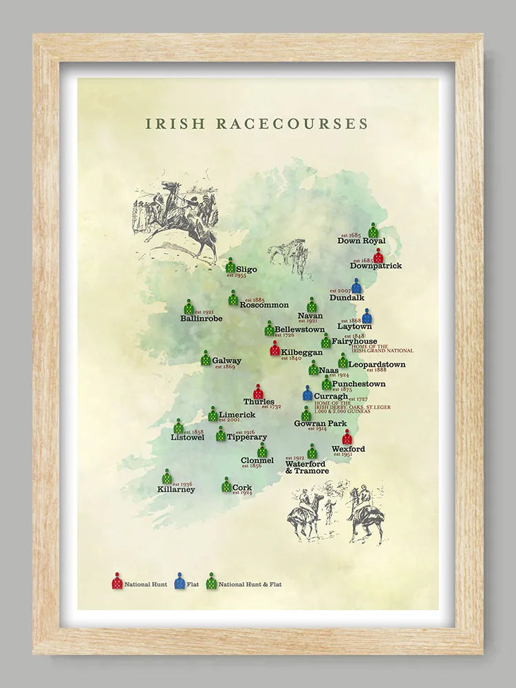 Irish Racecourses - Poster Print records the location of racecourses across the island. Irish Horse Racing.