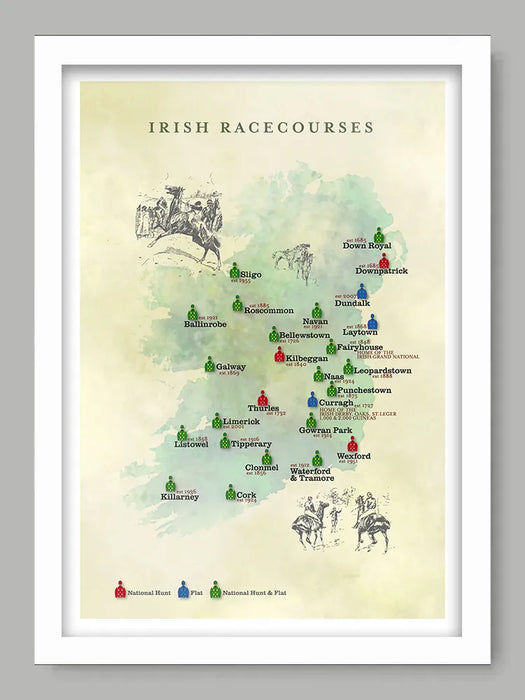Irish Racecourses - Poster Print records the location of racecourses across the island. Irish Horse Racing.