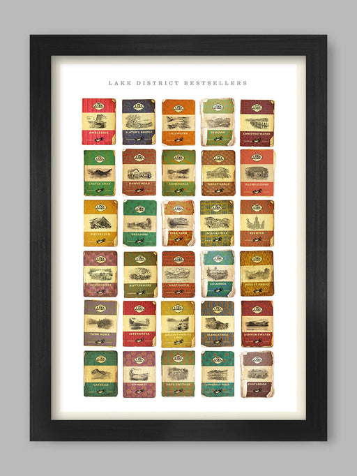 Lake District Poster Print features some of the iconic destinations of the Lakes, all styled on the mid-century Penguin Book covers.