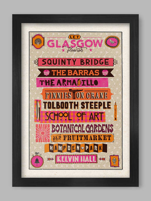 Glasgow landmarks typographic poster. Let Glasgow Flourish