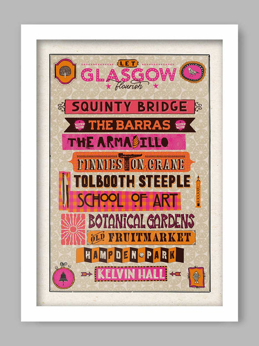 Glasgow landmarks typographic poster. Let Glasgow Flourish