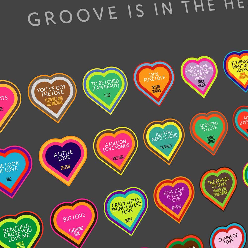 Love Songs. 80 heart shaped icons celebrating songs with love in the title.