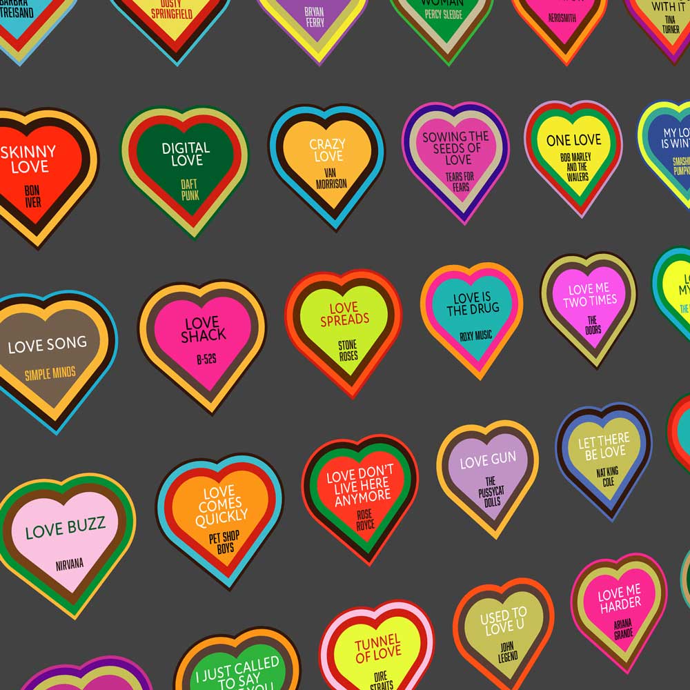 Love Songs. 80 heart shaped icons celebrating songs with love in the title.