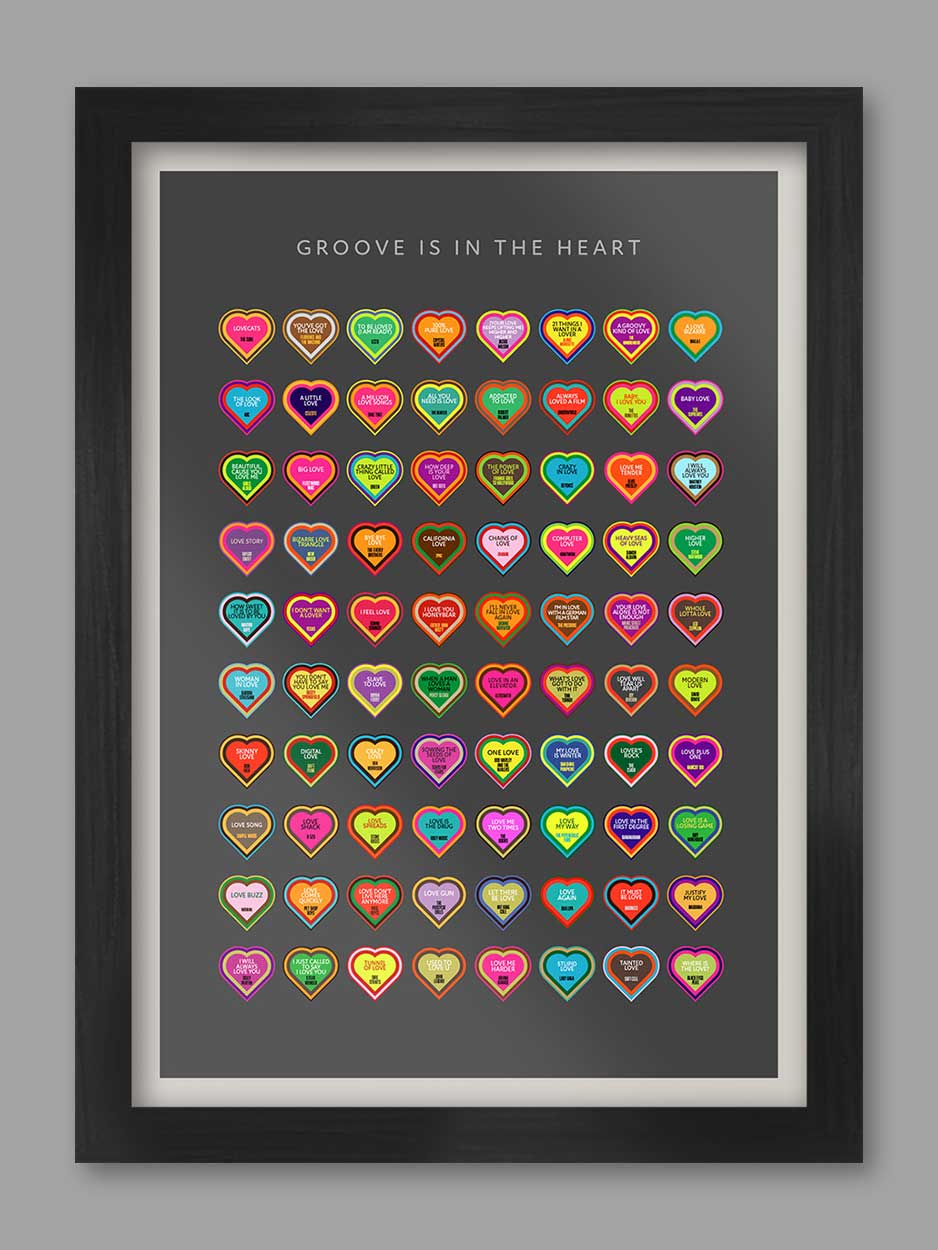 Love Songs. 80 heart shaped icons celebrating songs with love in the title.
