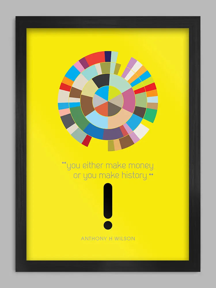 You Either Make Money or You Make History - Music Print. A quoted tribute to Tony Wilson and Factory Records. The design takes its inspiration from New Order and Factory's greatest success and failure. Referencing the 12" single Blue Monday which despite being the biggest selling of it's kind ever, still managed to cripple the company's profits due to the high cost of pressing and printing.
