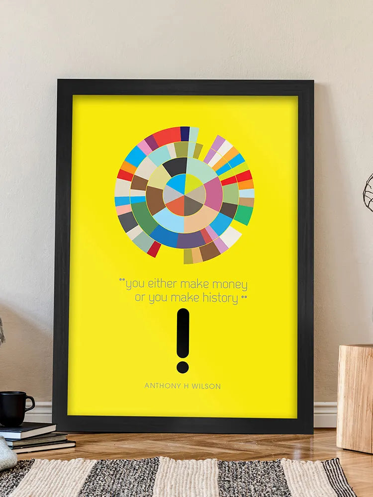 You Either Make Money or You Make History - Music Print. A quoted tribute to Tony Wilson and Factory Records. The design takes its inspiration from New Order and Factory's greatest success and failure. Referencing the 12" single Blue Monday which despite being the biggest selling of it's kind ever, still managed to cripple the company's profits due to the high cost of pressing and printing.