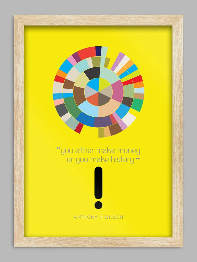 You Either Make Money or You Make History - Music Print. A quoted tribute to Tony Wilson and Factory Records. The design takes its inspiration from New Order and Factory's greatest success and failure. Referencing the 12" single Blue Monday which despite being the biggest selling of it's kind ever, still managed to cripple the company's profits due to the high cost of pressing and printing.