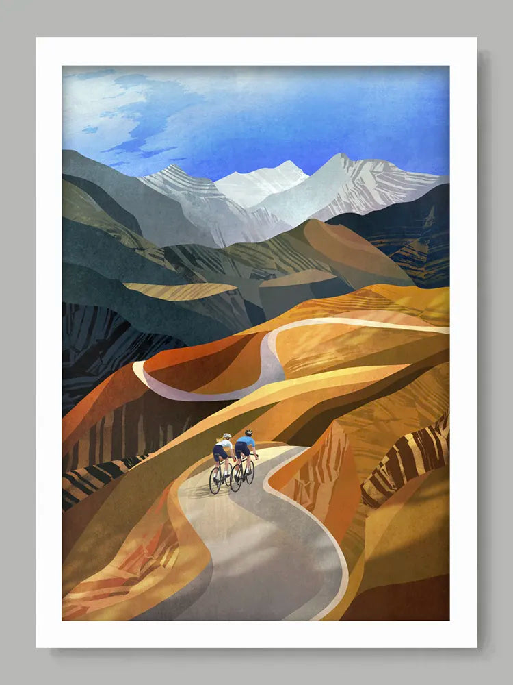 Art print of two cyclists on a mountain road with mountains in the background.