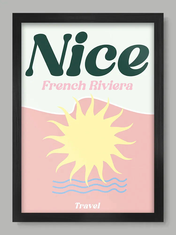 Framed poster with 'Nice French Riviera' text and sun design on a light pink background.