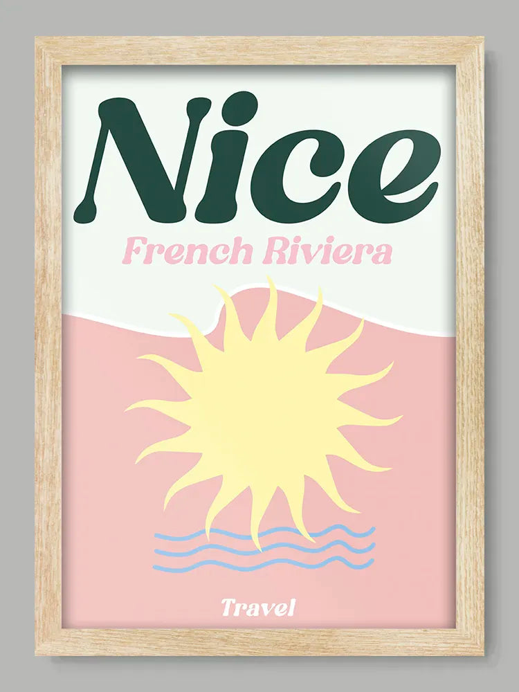 Framed artwork with 'Nice French Riviera' text and sun design on a gray background