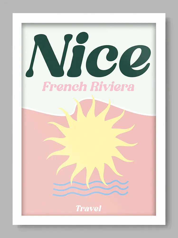 Poster with 'Nice French Riviera' text and sun design on a pink background
