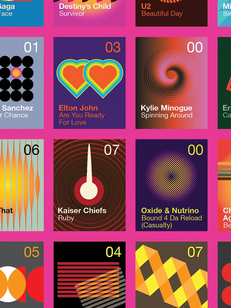 Number Ones of the 2000s - Music Print. Modernist style print. Continuing our theme from the 80s and 90s of popular songs that topped the the UK singles chart.