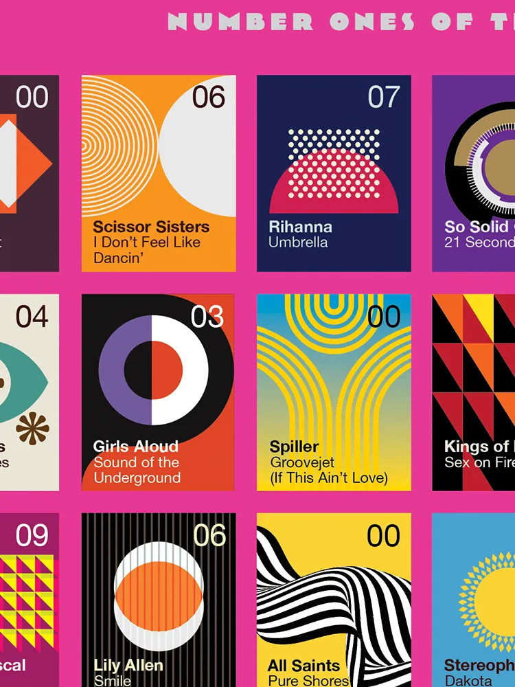 Number Ones of the 2000s - Music Print. Modernist style print. Continuing our theme from the 80s and 90s of popular songs that topped the the UK singles chart.