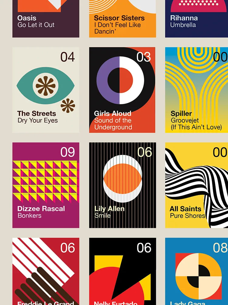 Number Ones of the 2000s - Music Print. Modernist style print. Continuing our theme from the 80s and 90s of popular songs that topped the the UK singles chart.